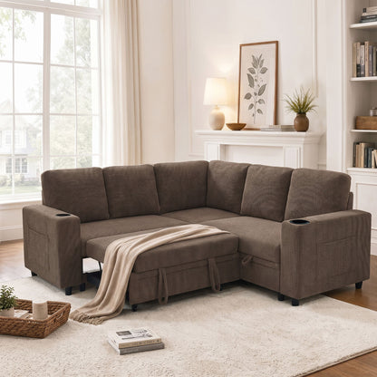 Upholstered L - Shape Sectional Sofa Bed With Pull Out Sleeper And Storage
