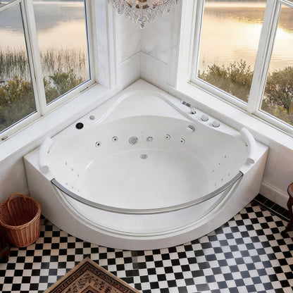 Korra - 2 Person Acrylic Corner Whirlpool Bathtub With Hydro Massage, Rainbow Light, Heater - Milk White