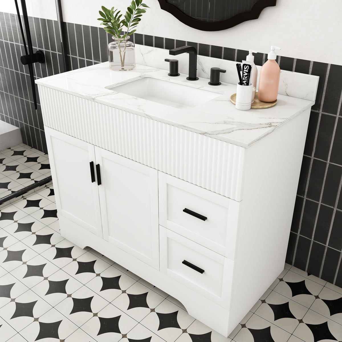 Bathroom Vanity Set, Fluted Cabinet With Soft Close Doors & Drawers, 3 Faucet Holes, Sink Included - White