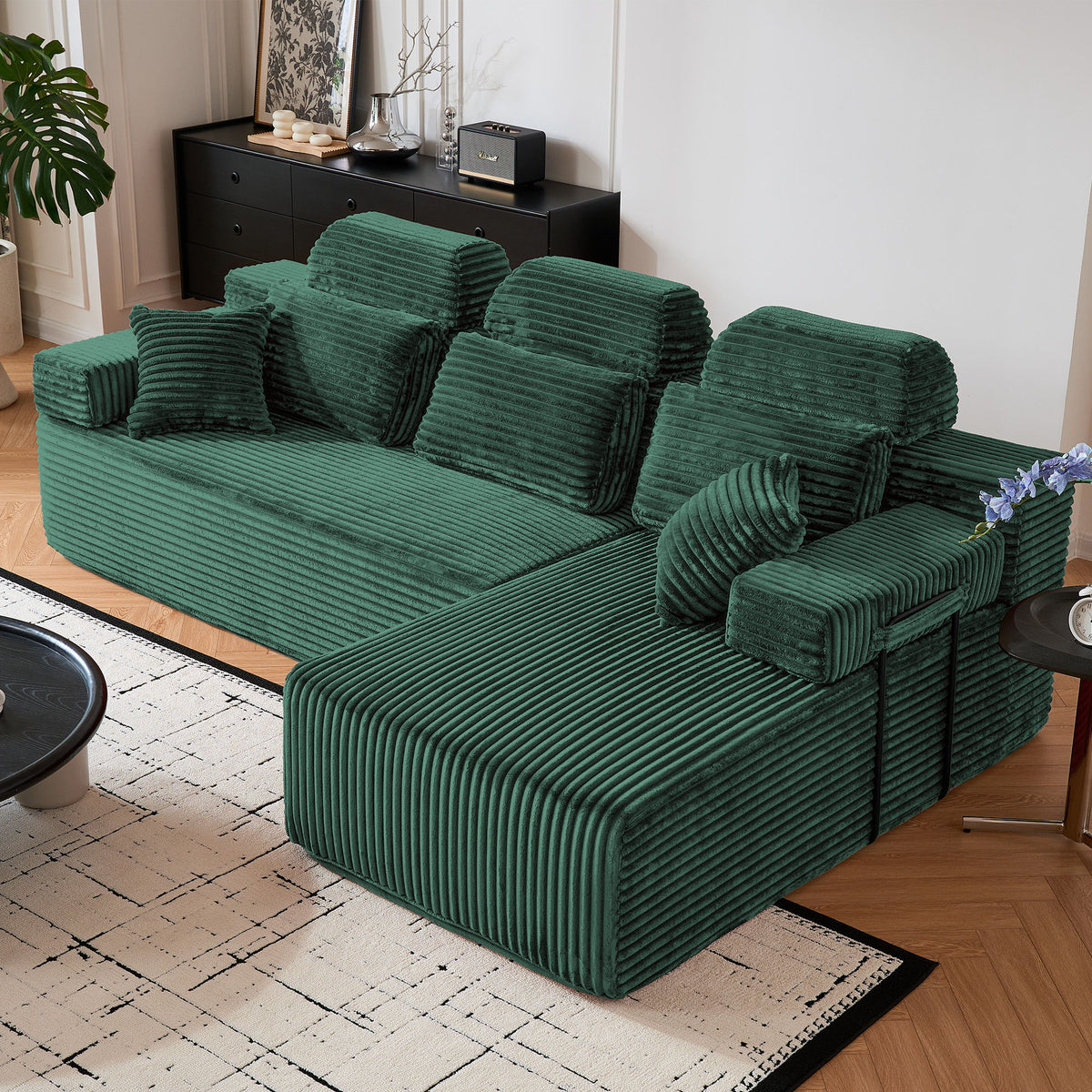Sectional Sleeper Sofa & Storage Pockets, Modular Couch With Throw Pillows For Living Room