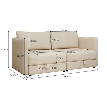 Modular Sectional Sofa With Storage, Convertible 2 Seater Sleeper Sofa - Beige