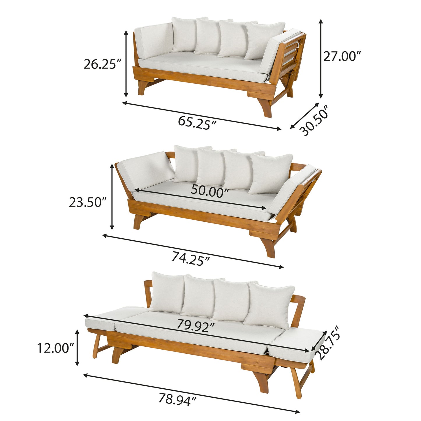Outdoor Patio Daybed Sofa With Foldable Arm, 3 Seat With 4 Back Pillows - Beige / Teak