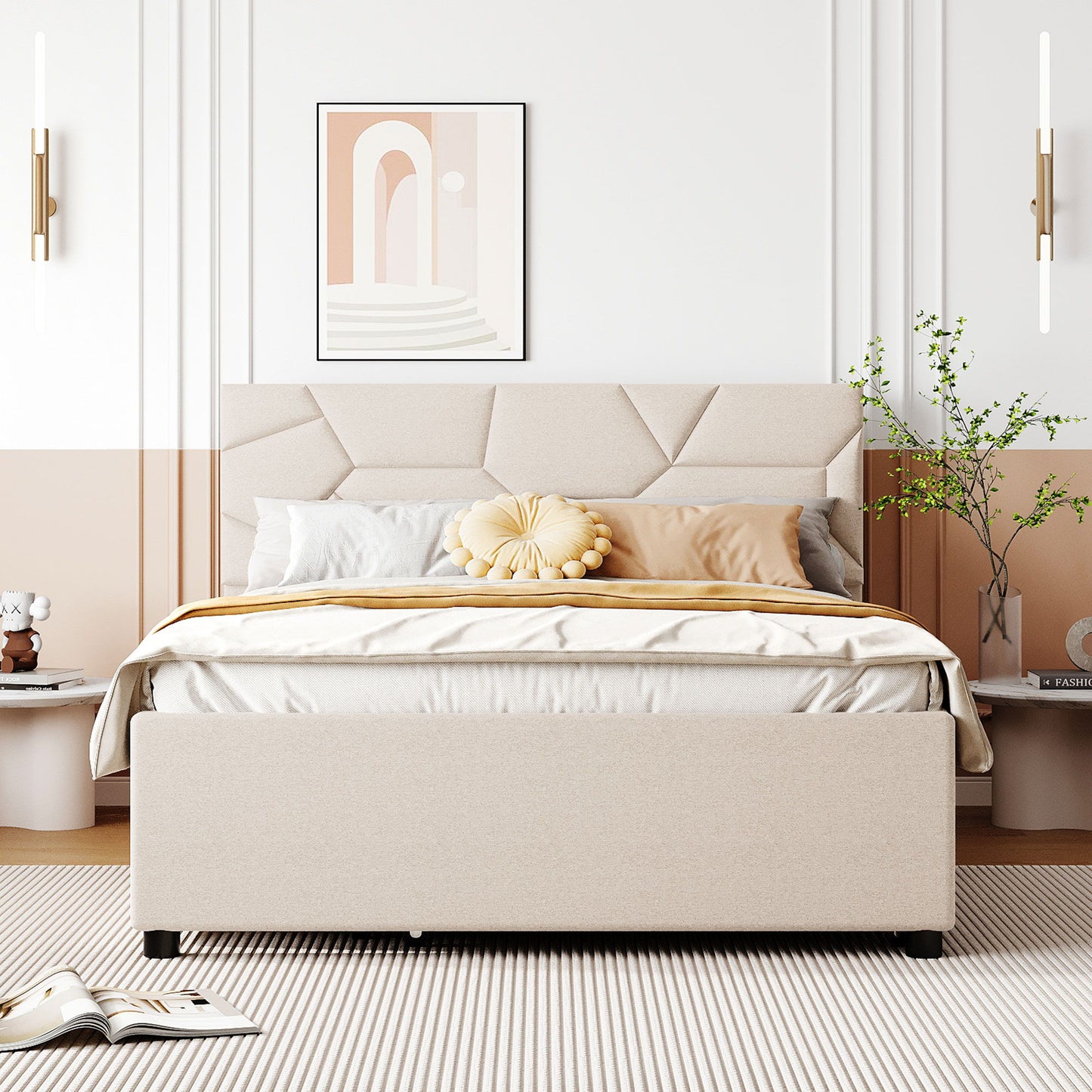 Upholstered Platform Bed With Brick Pattern Headboard And Twin Long Size Trundle