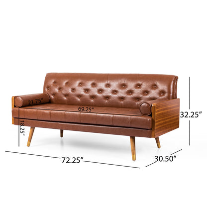 Adelaide - Mid Century Modern Tufted Sofa With Rolled Accent Pillows - Light Brown