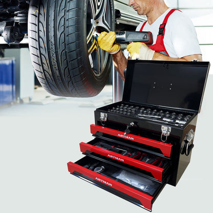 Portable 20" Steel Tool Box With 3 Drawers And Metal Latch Closure - Black / Red