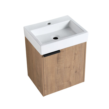 Wall Hung Bathroom Vanity With Top Sink, 1 Small Bathroom Cabinet, With Soft Close Hinges - Imitative Oak