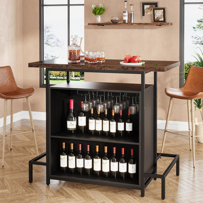 Home Bar Cabinet With 3 Tier Storage & 4 Wine Glass Racks - Brown / Black