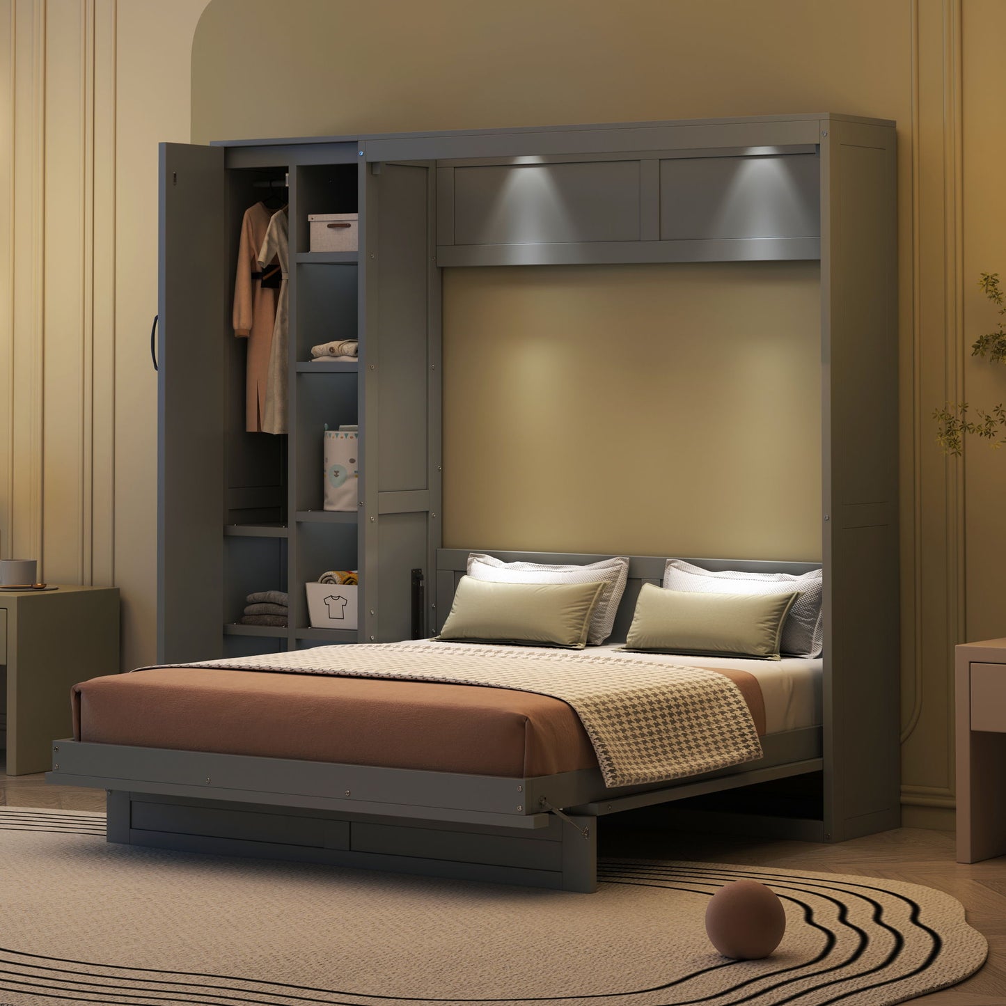 Murphy Wall Bed With Shelves, Wardrobe And LED Lights