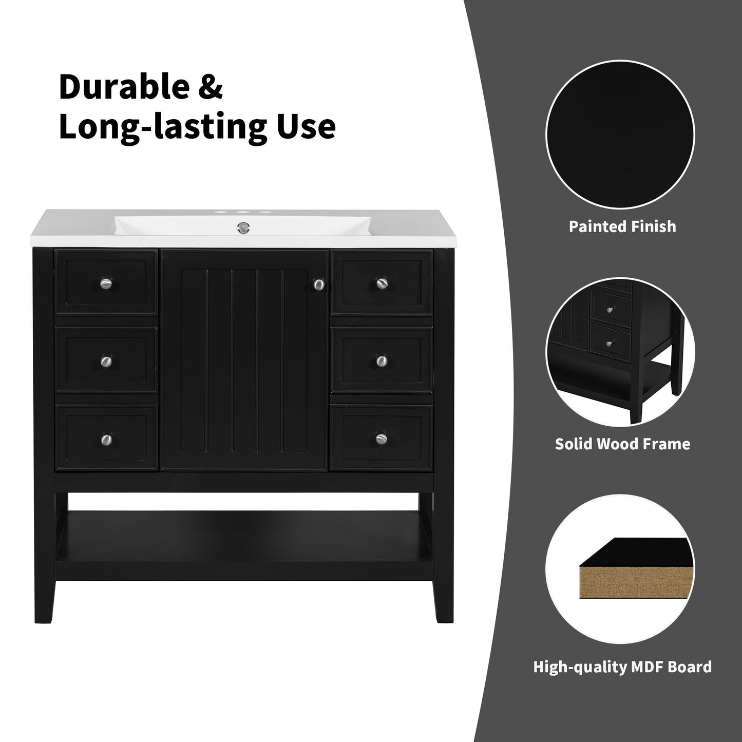 36" Bathroom Vanity Base With 2 Cabinet And 3 Drawers - Black
