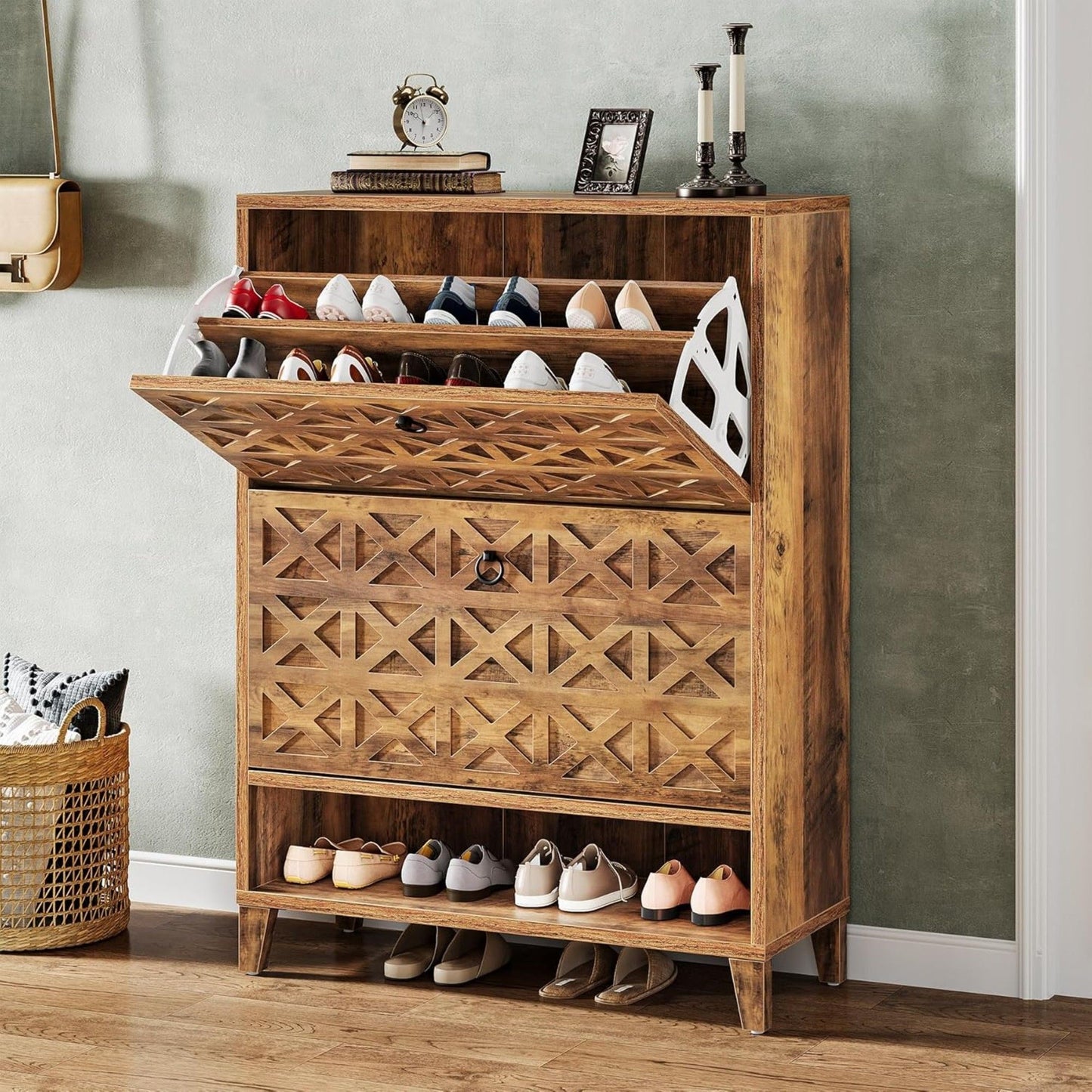 Narrow Shoe Cabinet With 2 Flip Drawers For Entryway Organizer - Rustic Brown