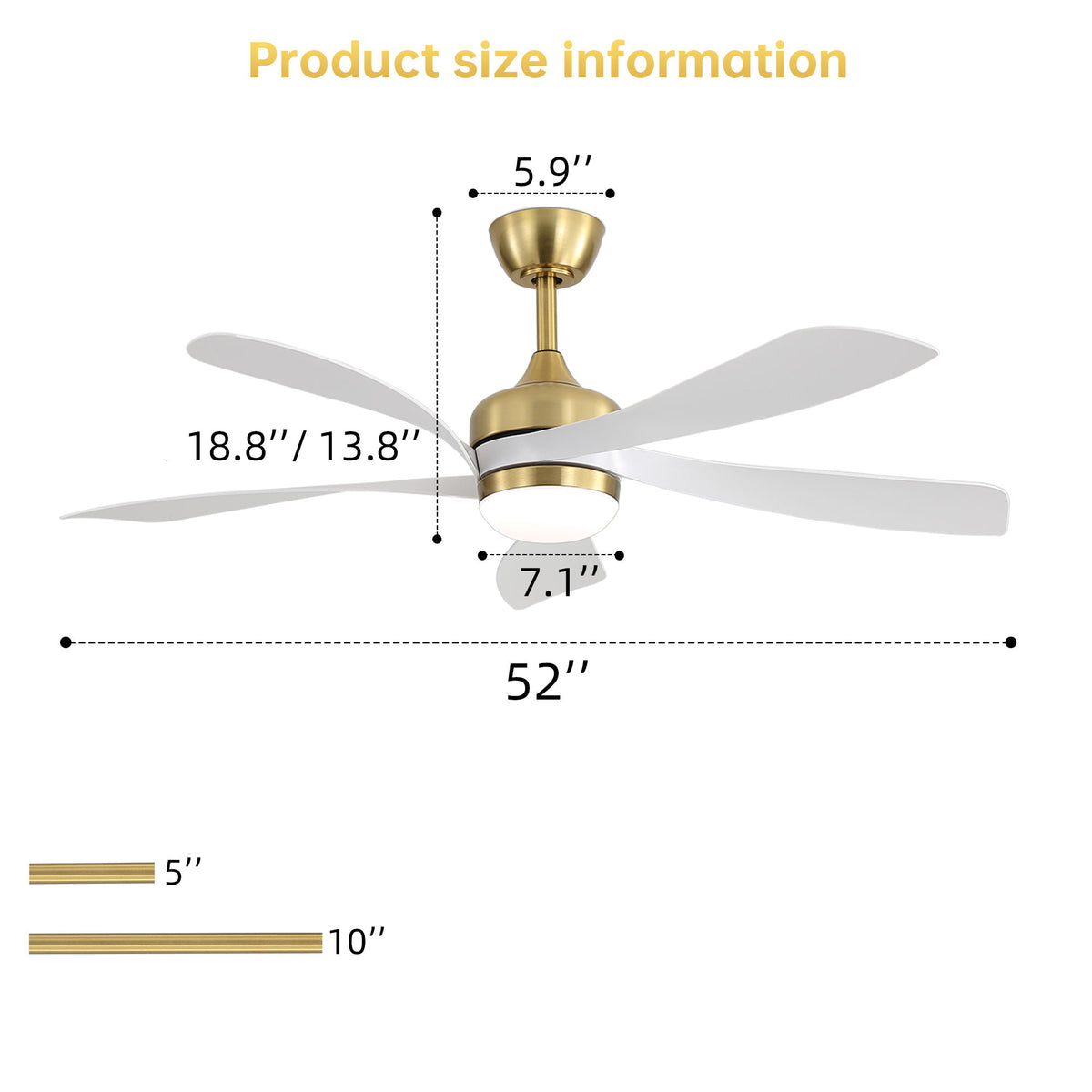 52" Indoor Ceiling Fan With 3 Color Dimmable LED Light Blades, Reversible DC Motor, Remote Control