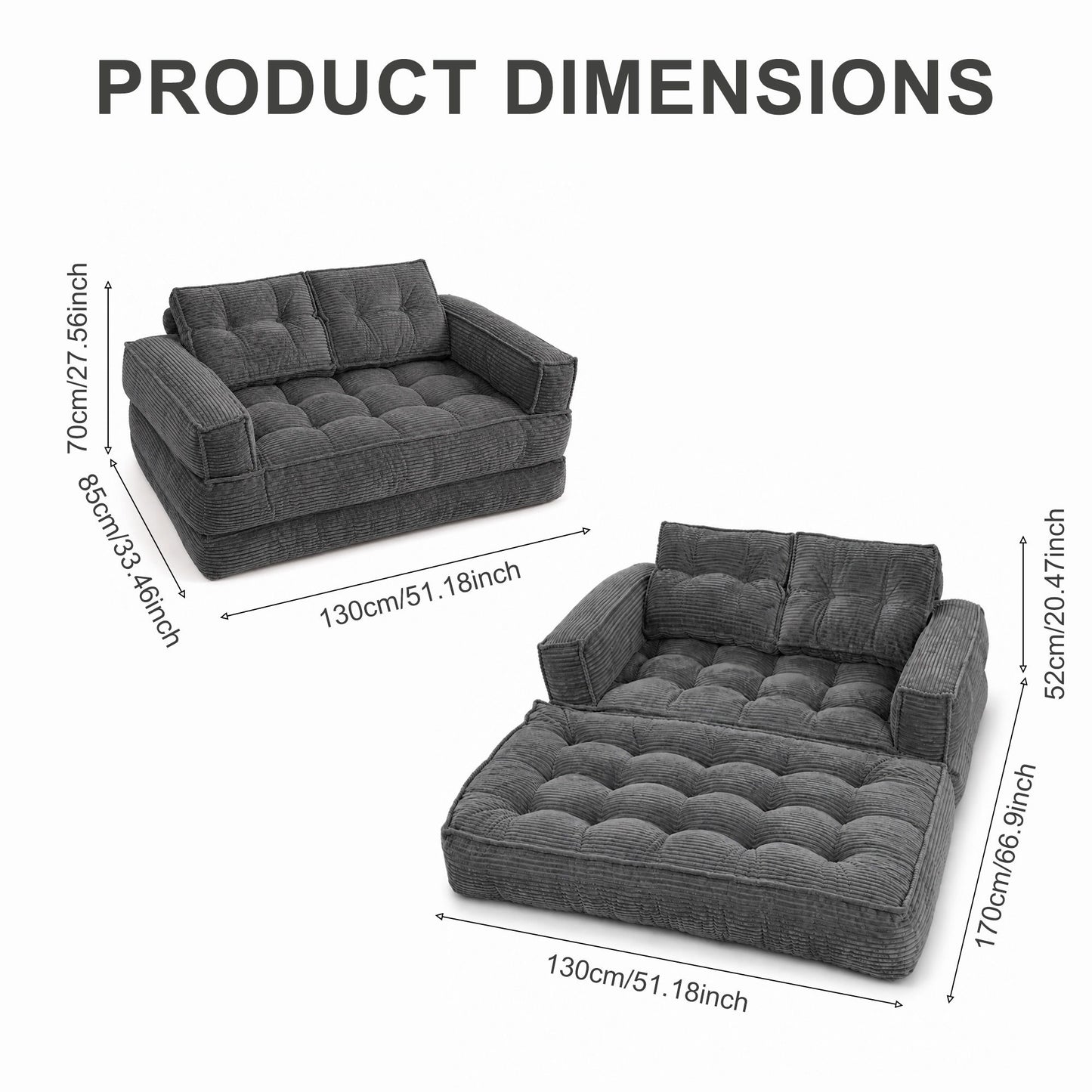 2 Seater Modular Corduroy Sofa With Chaise Lounge For Living Room
