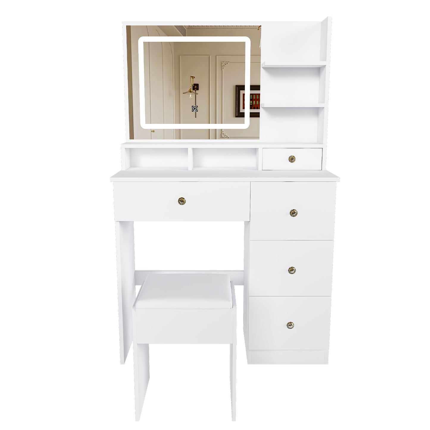 Vanity Desk With Mirror, 3 Color Lighting And Stool