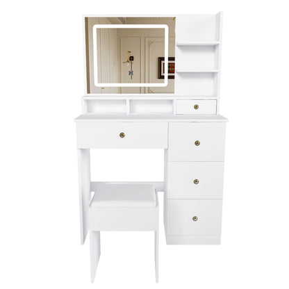 Vanity Desk With Mirror, 3 Color Lighting And Stool