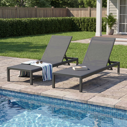 Outdoor Chaise Lounge, Patio Chaises With 5‑Position Adjustable Backrest & Wheels (Set of 2) - Dark Gray / Gray