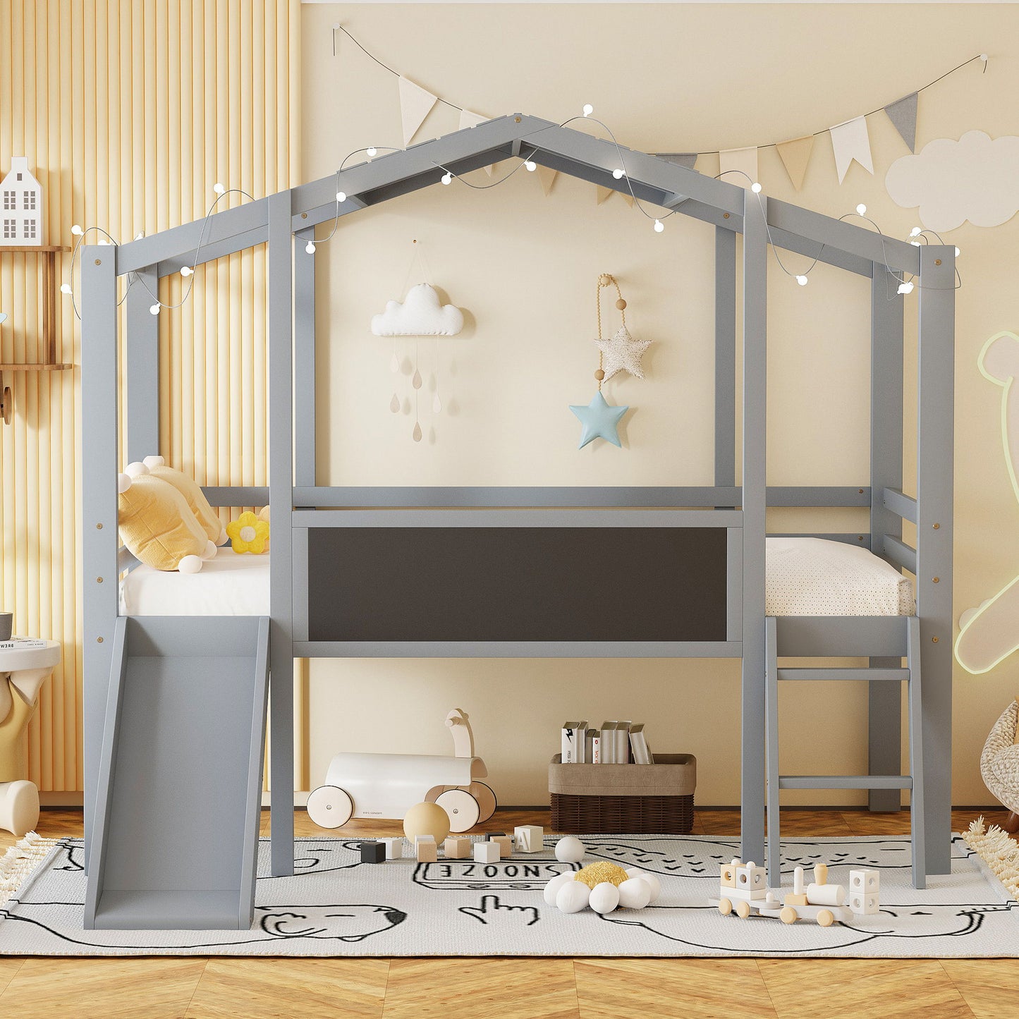 Loft House Bed With Ladder And Slide, With board And Light Strip On The Roof