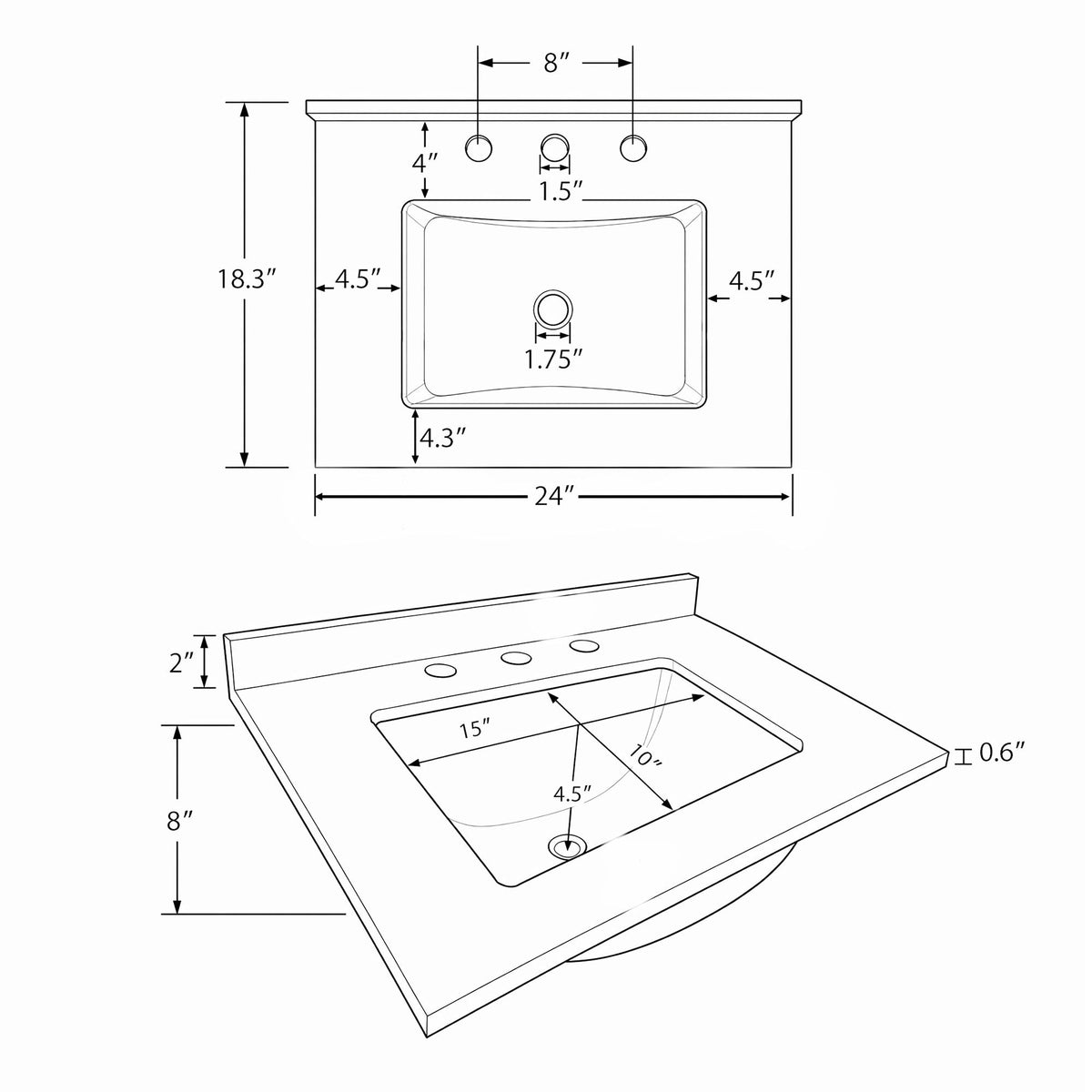 Basin Sink, 0.6" Ultra Thin Profile, Triple Faucet Holes