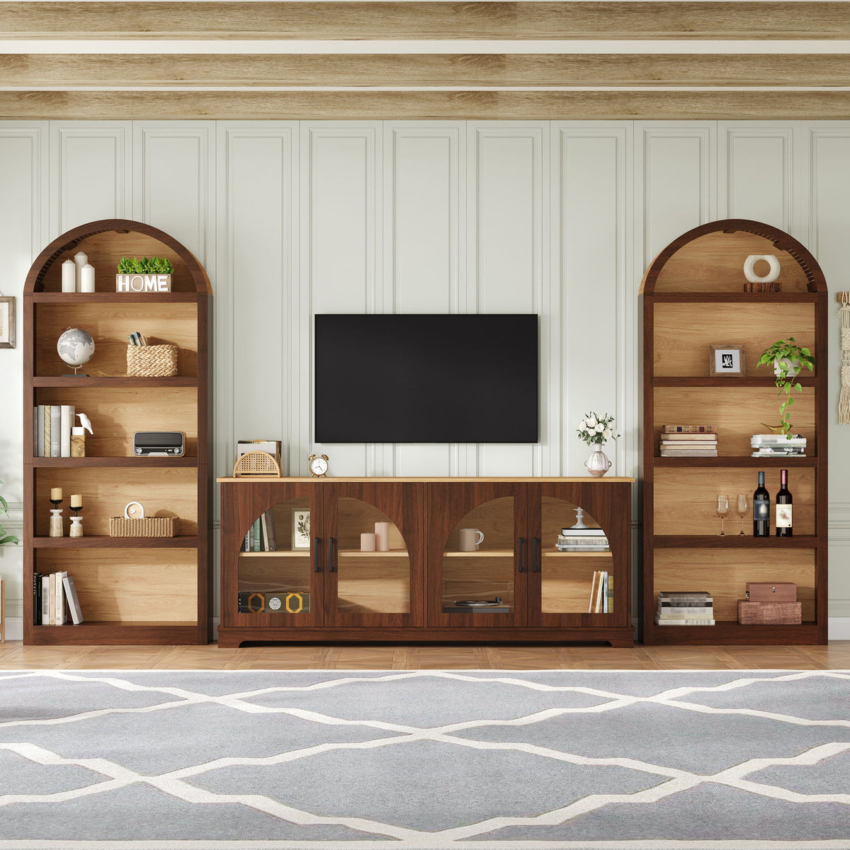 3 Piece TV Stand Set With Bookshel, Entertainment Center With Arched Design
