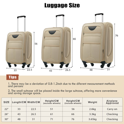 Softside Luggage Expandable 3 Piece Set Upright Spinner Lightweight Suitcase
