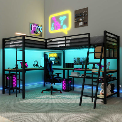 Mission Style Twin L-Shaped Loft Bed With LED, Storage Shelves, 2 Charging Stations, And 2 Built In Desks - Black