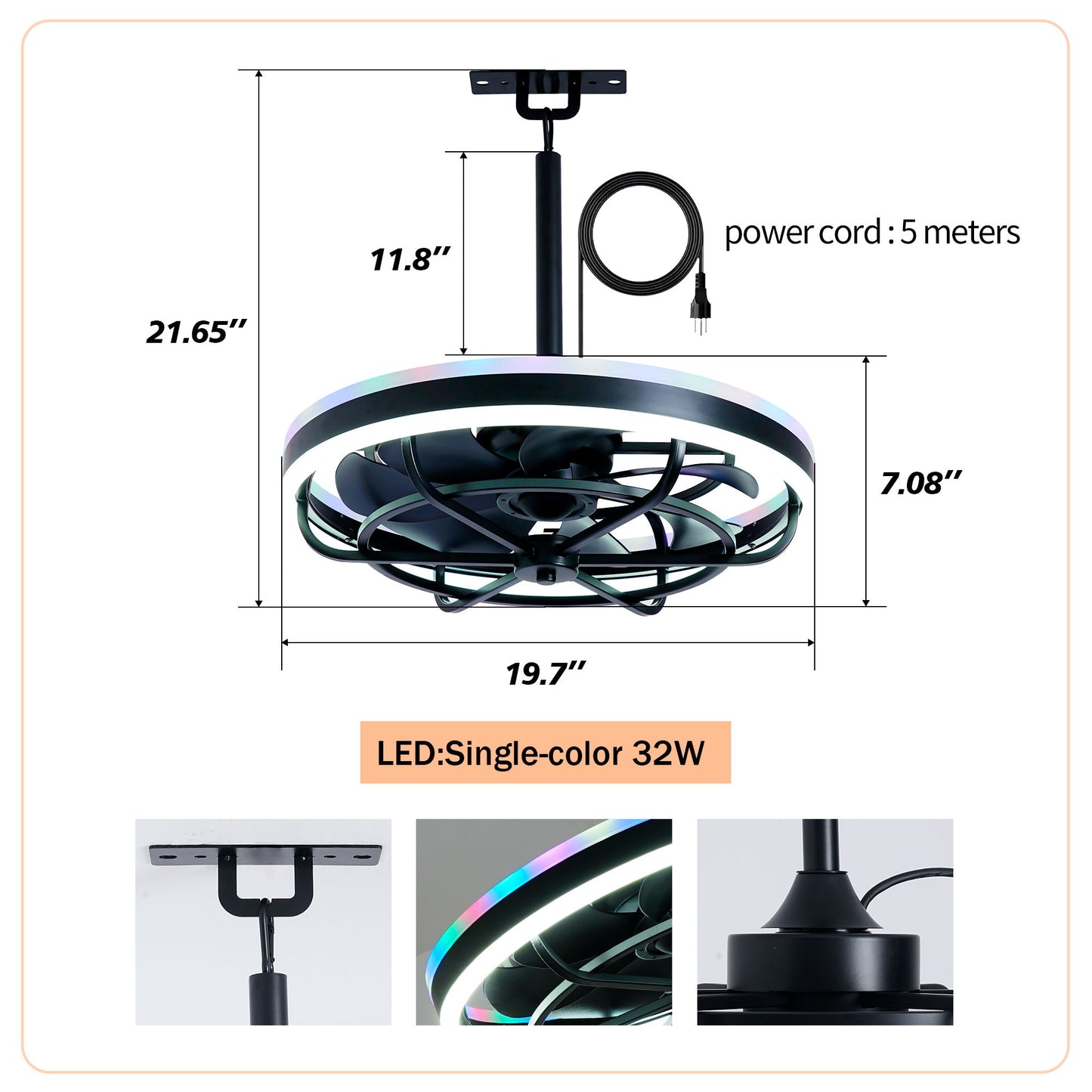 Ceiling Fan Light LED Light Source And Remote Control, 3000 - 6500K Dimmable LED Fan Light, 6 Speeds, For Living Room - Matte Black