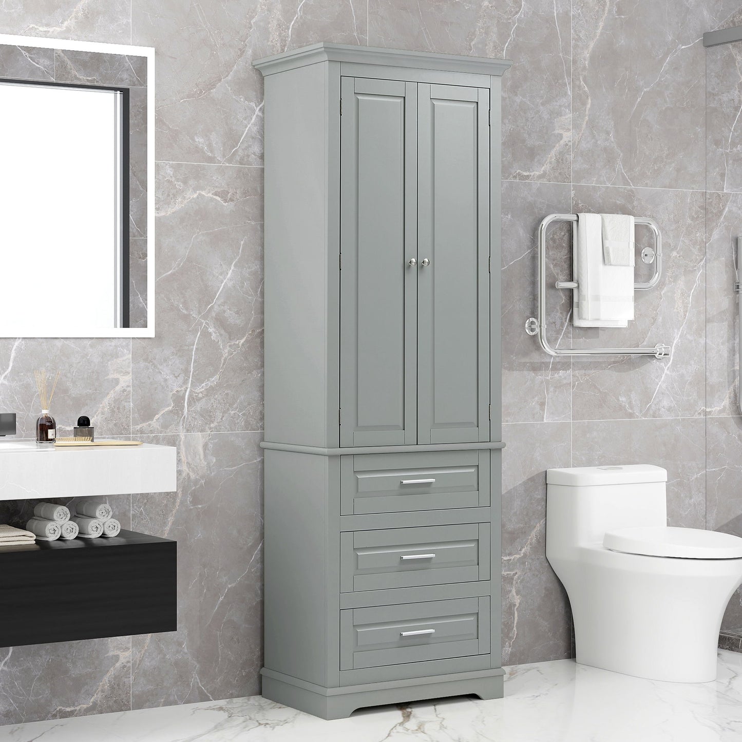 Tall Storage Cabinet With 3 Drawers For Bathroom