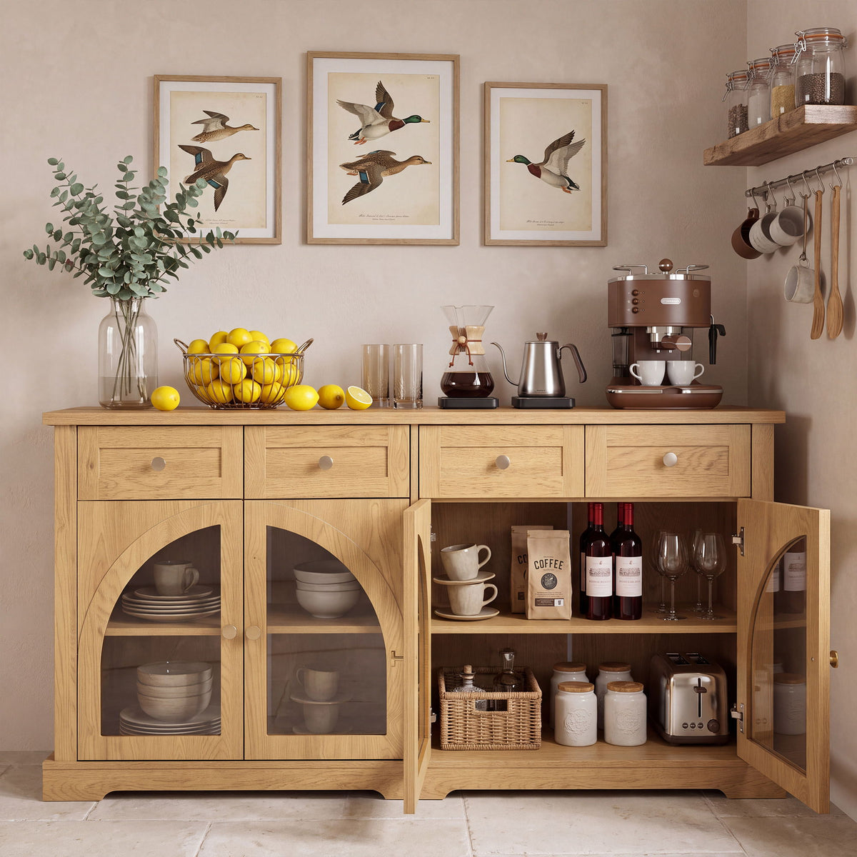 Sideboard Cabinet With 4 Drawers And 4 Arched Glass Doors