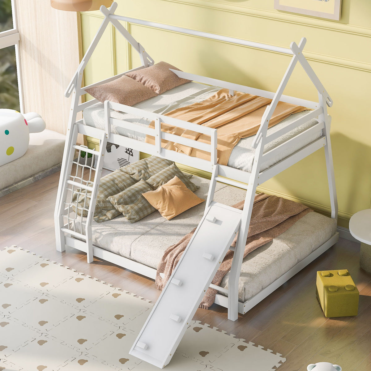 Twin Over Queen House Bunk Bed With Climbing Nets And Ramp - White