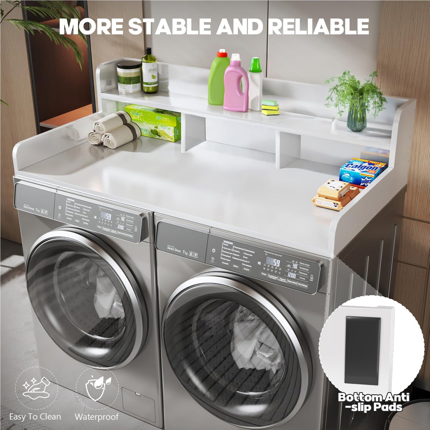Washer Dryer Countertop Organizer, Double Layer Wooden Laundry Shelf Topper With Edge For Storage - White