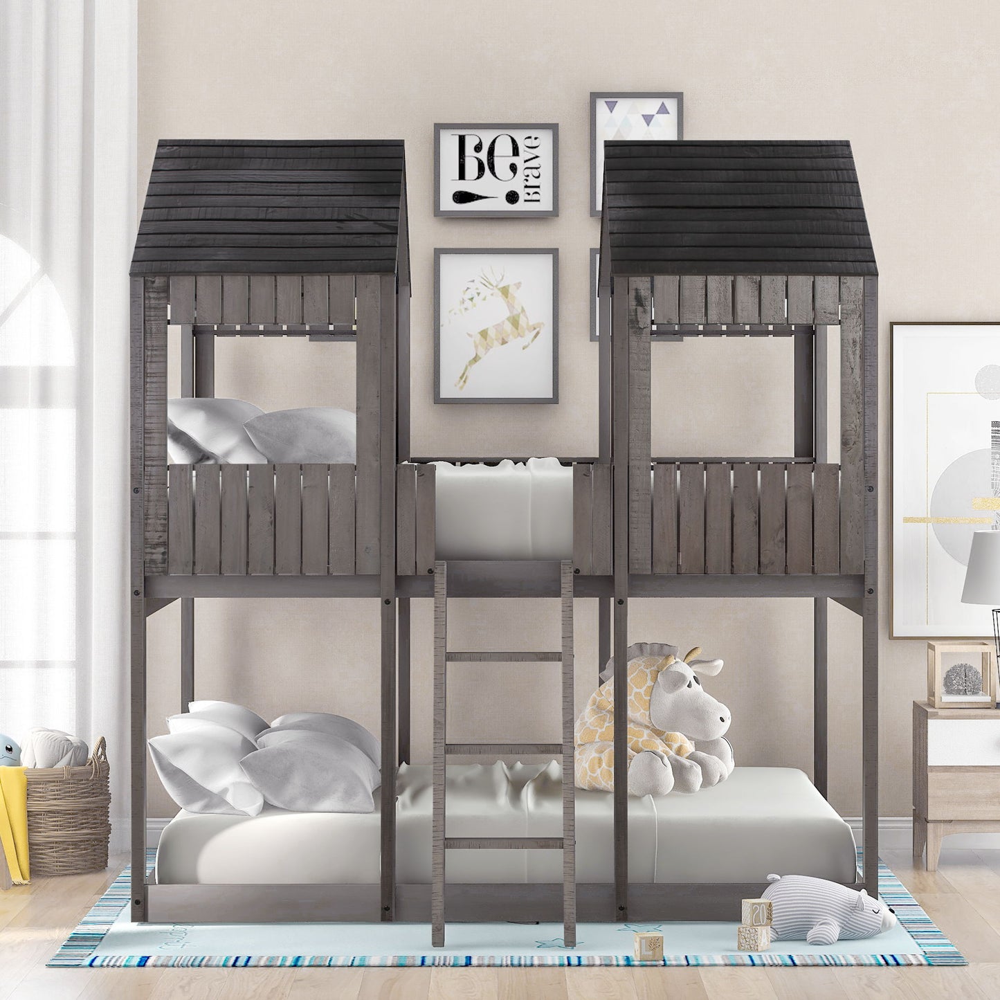 Bunk Bed With Roof, Window, Guardrail, Ladder