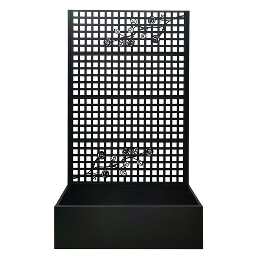Planter Box With Trellis, Outdoor Raised Garden Bed With Privacy Screen Lattice Panels For Patio - Black