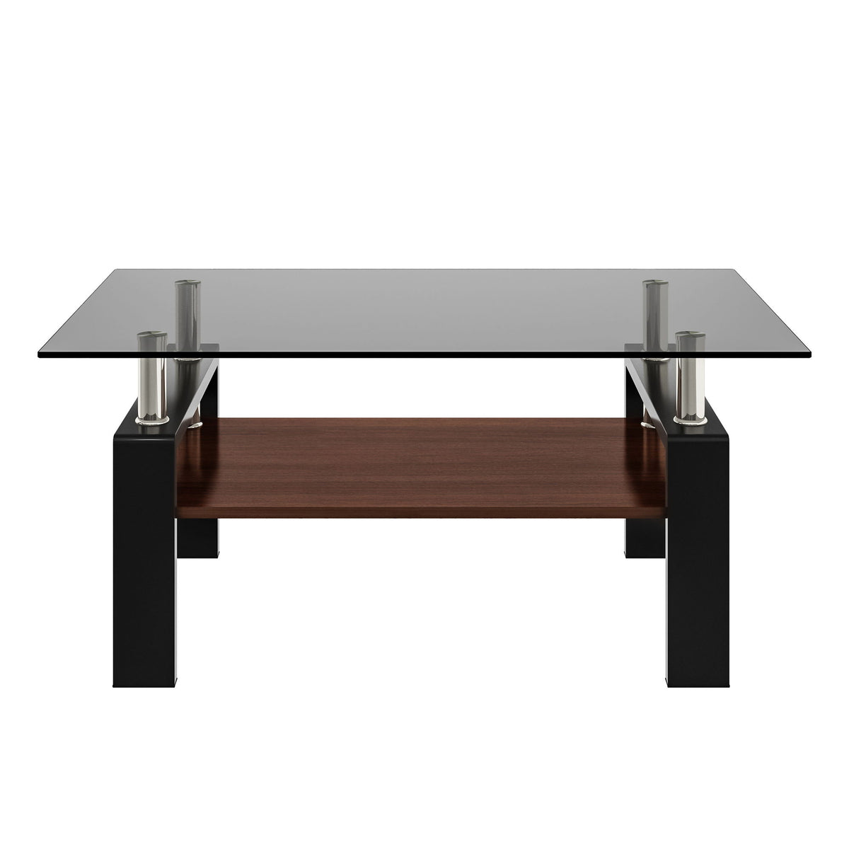 Modern Rectangular Coffee Table With Tempered Transparent Glass Top And Storage Shelf
