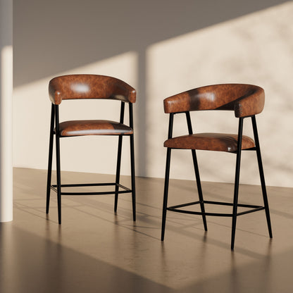 Counter Stools (Set of 2), Upholstered Counter Stools With Iron Frame, Backrest, Footrest, Arm Counter Stools For Home Bar, Kitchen Counter - Brown