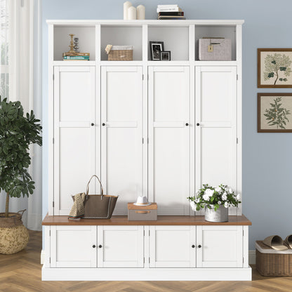 Hall Tree With Bench And Cabinet, 4 In 1 Entryway Bench With Coat Rack