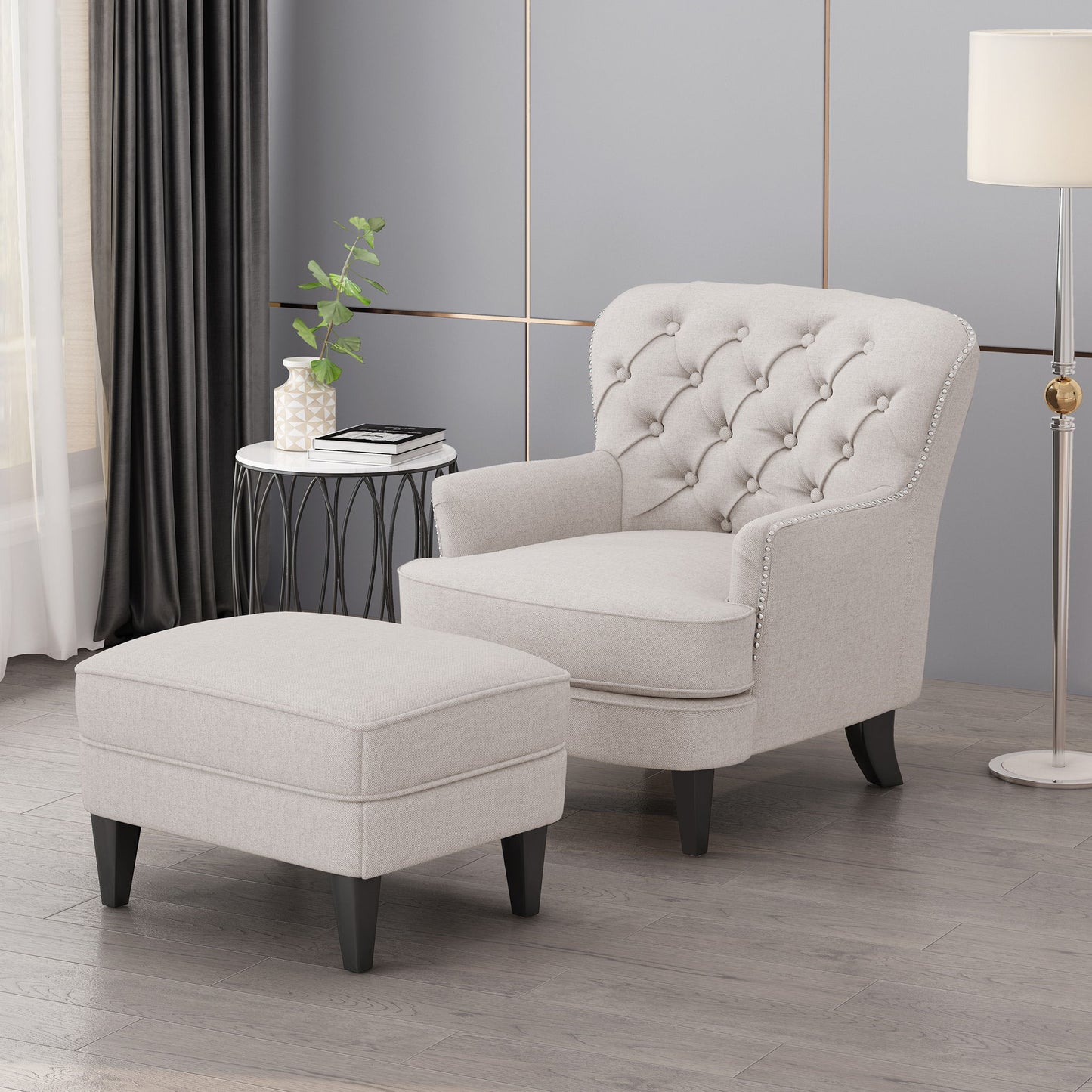 Stylish Club Chair And Ottoman Set With Birch Legs - Wheat
