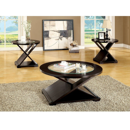 Coffee Table With Cross Design Base, Beveled Glass Top - Espresso