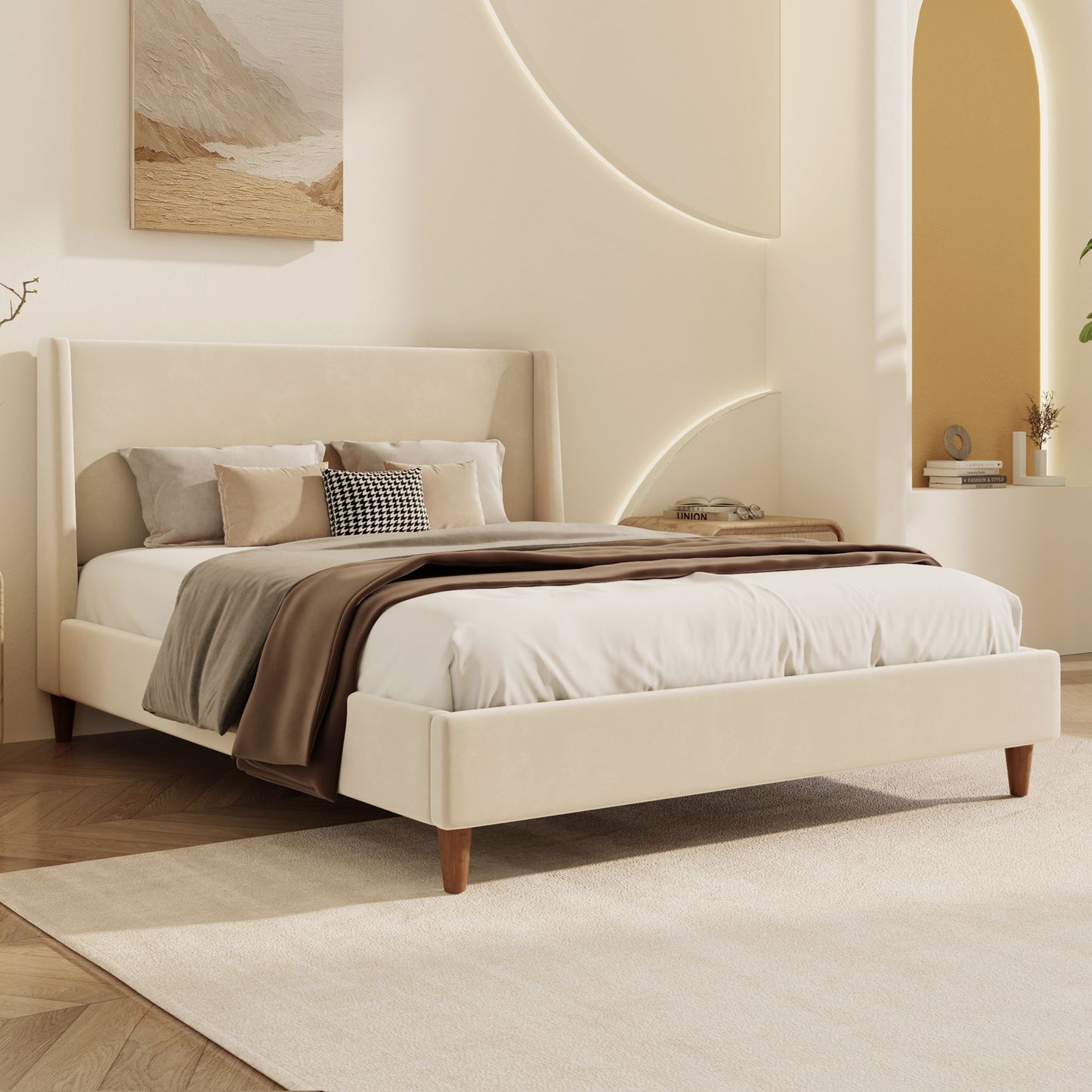 Upholstered Modern Platform Bed With Wingback Headboard