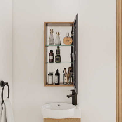 14" Bathroom Mirror Cabinet With Adjustable Shelves, Wall Mounted Medicine Storage Cabinet Frame With Soft Closing Hinges - Imitative Oak