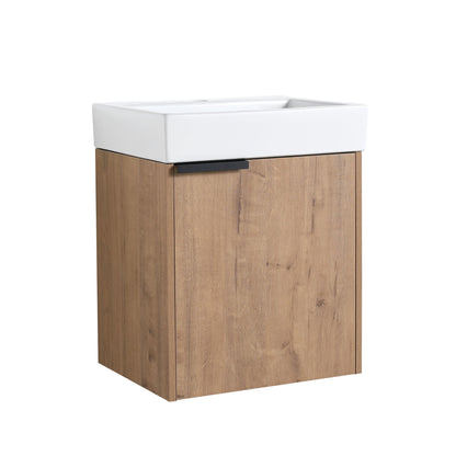 Wall Hung Bathroom Vanity With Top Sink, 1 Small Bathroom Cabinet, With Soft Close Hinges - Imitative Oak