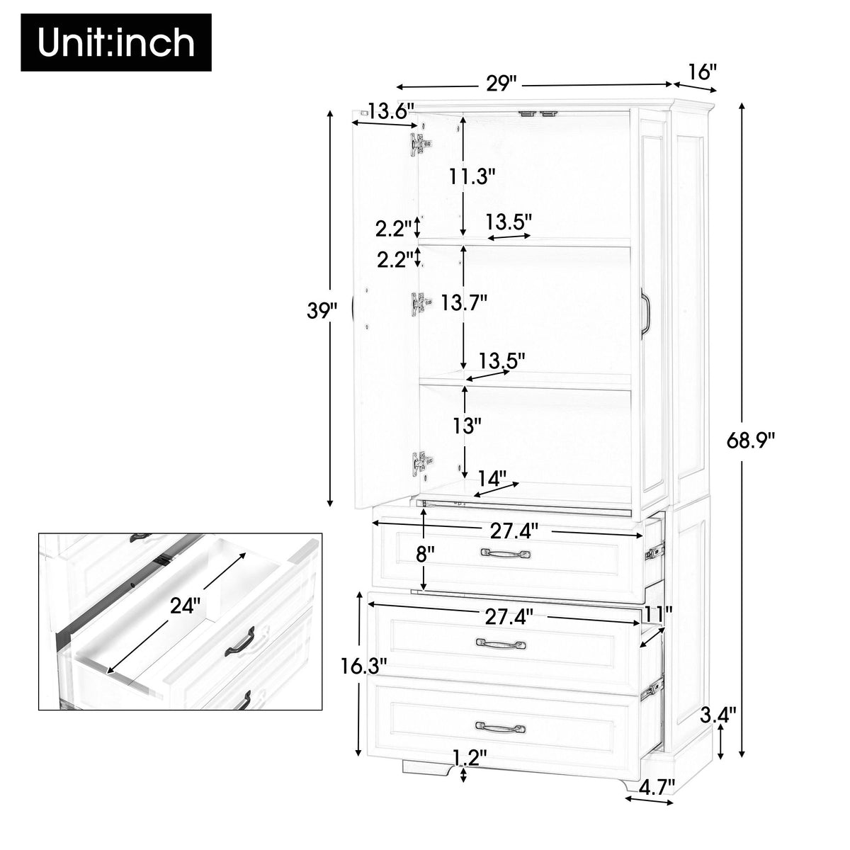 Tall Bathroom Storage Cabinet With 2 Doors And Drawers, Adjustable Shelf - White