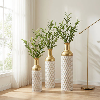 Diamond Embossed Floor Tall Vases Home Decor (Set of 3) - White / Gold