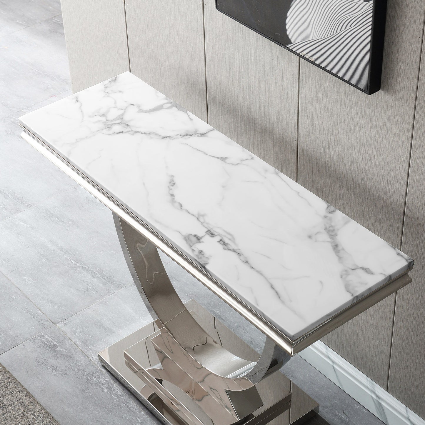 Modern Rectangular Marble Printing Console Table, U Shape Stainless Steel Base With Mirrored Finish