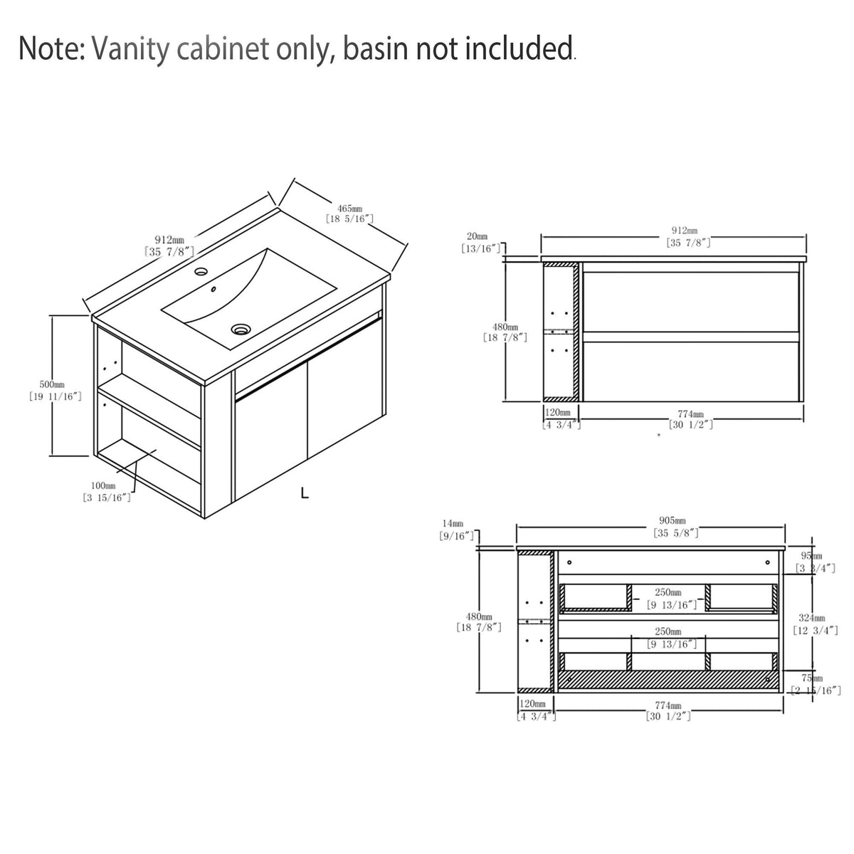 36" Floating Bathroom Vanity Cabinet, With Soft Close Double Doors, Wall Mounted, Cabinet Only - White