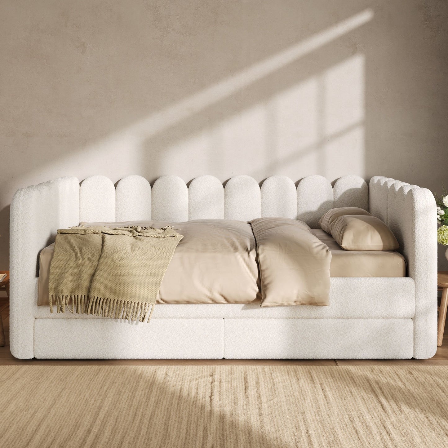 Upholstered Daybed With Curved Ribbed Panel Design