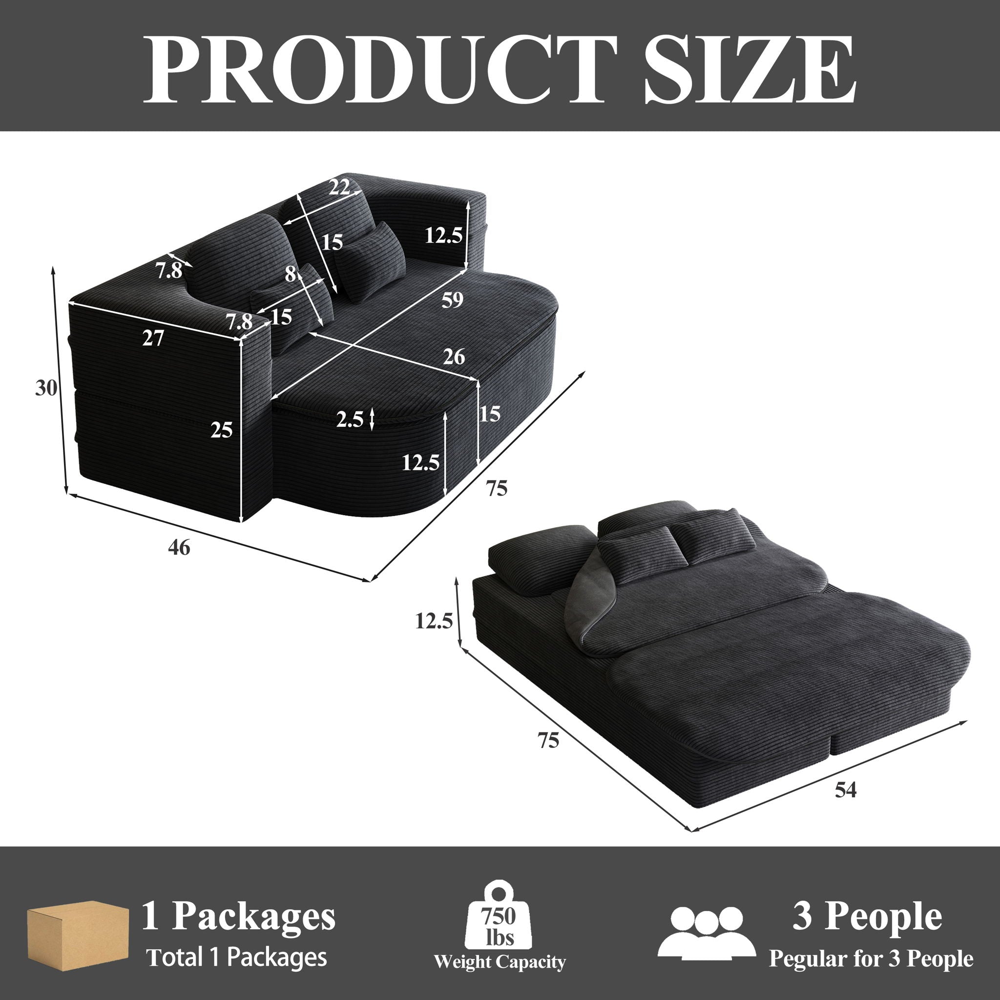 2 In 1 Foldable Sofa Bed With Multi Functional Blanket – Black Dog