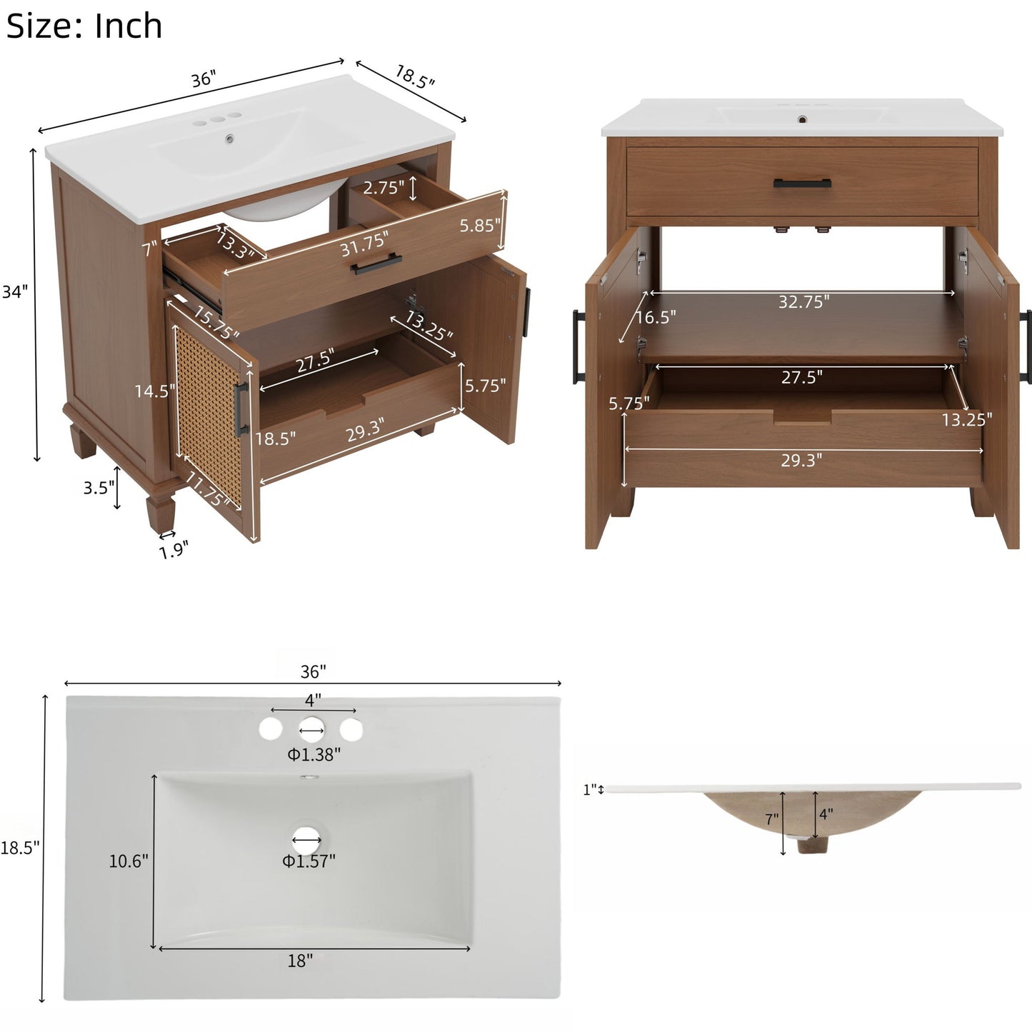 Bathroom Vanity With Ceramic Sink, Modern Free Standing Cabinet With Soft Close Drawers