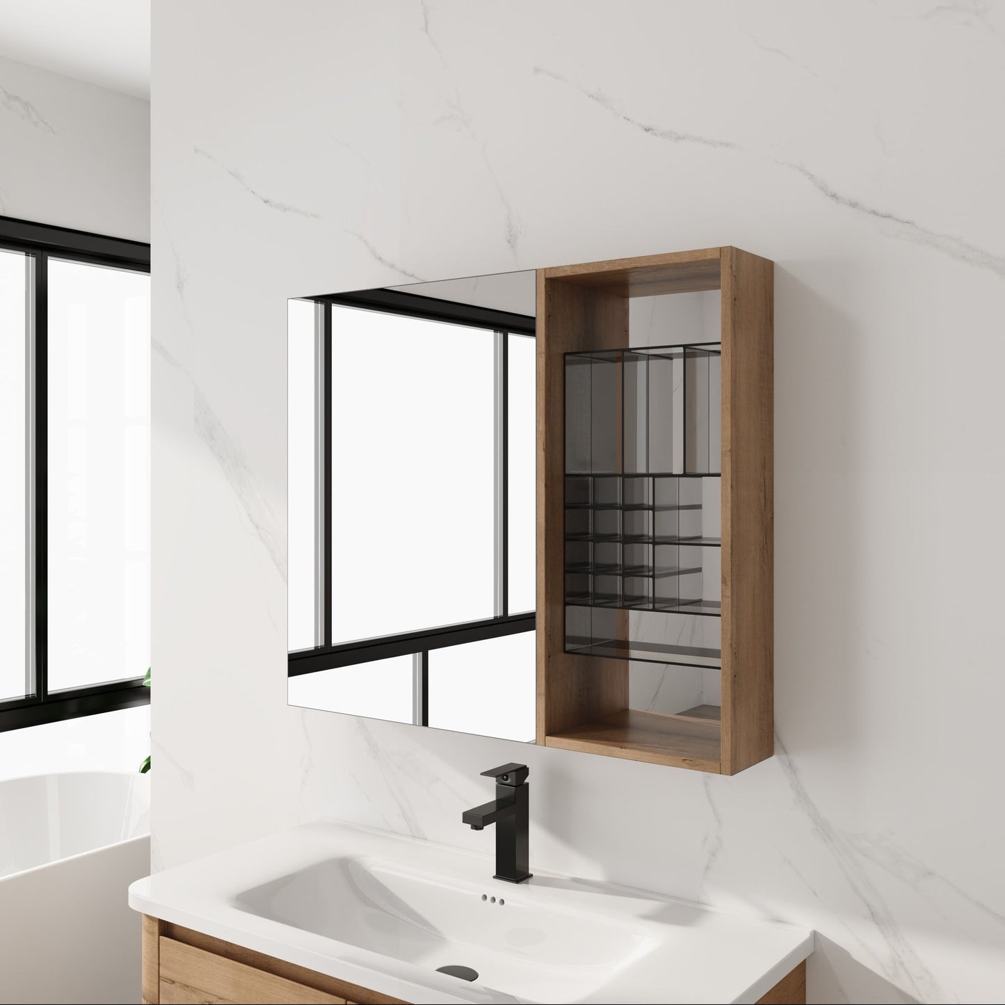 Wall Mounted Bathroom Mirror Cabinet With Adjustable Shelves - Imitative Oak