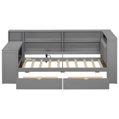 Platform Bed With Upholstered Headboard, Storage Shelves, Drawers, Charging Station, LED Lighting, Built In Desk