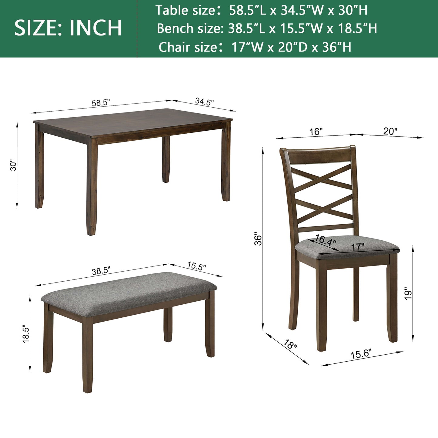 Elegant 6 Piece Dining Table Set With 4 Chairs And Bench