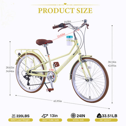 24" Cruiser Bike With 6 Speed Gear System, Rear Rack & Cup Holder